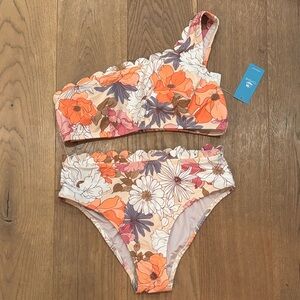 Cupshe Floral One-Shoulder Bikini in Orange and Pink